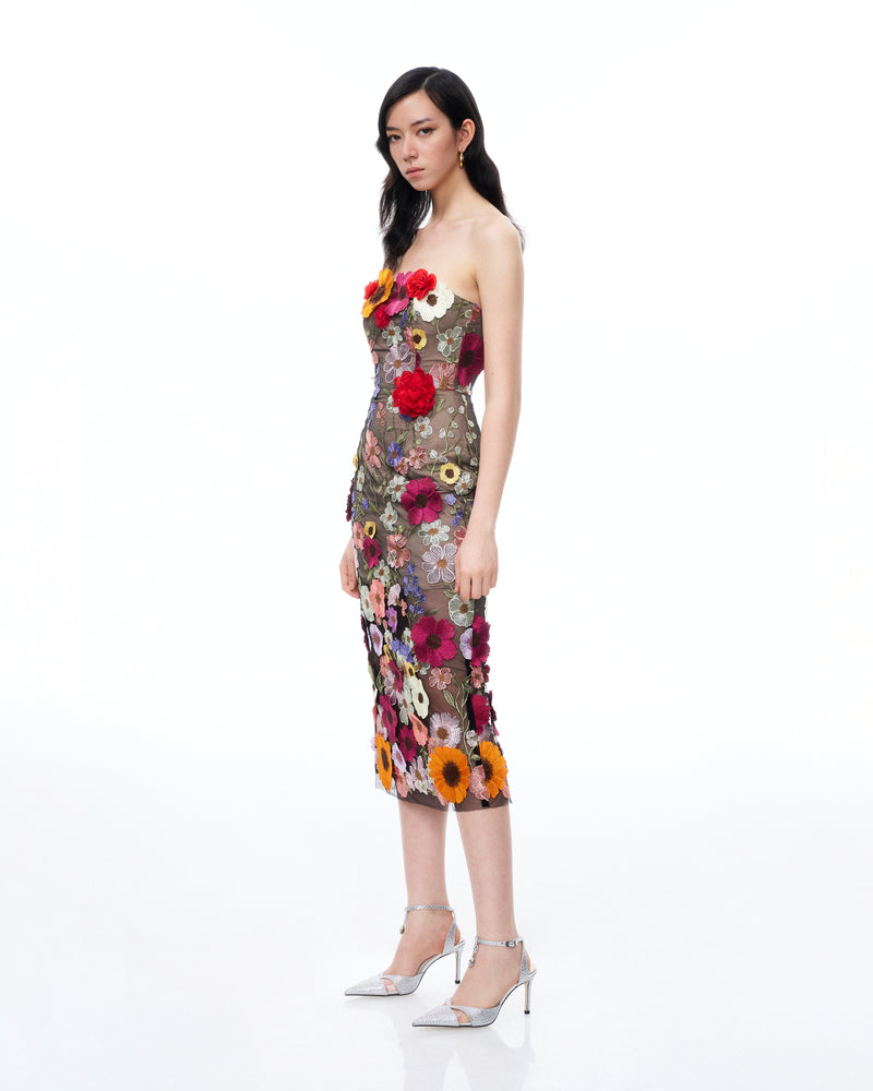 Isolde 3D Floral Embroidered Maxi Dress - Black Multi